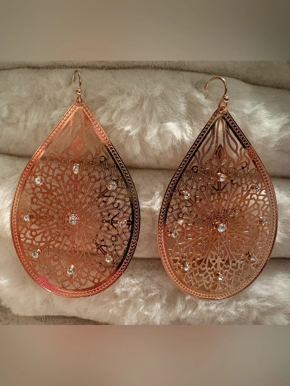Rose Gold Filigree Teardrop Earrings with Crystal Accents